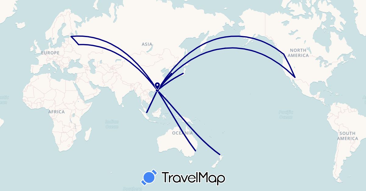 TravelMap itinerary: driving in Australia, Canada, China, Japan, South Korea, New Zealand, Russia, Singapore, United States (Asia, Europe, North America, Oceania)